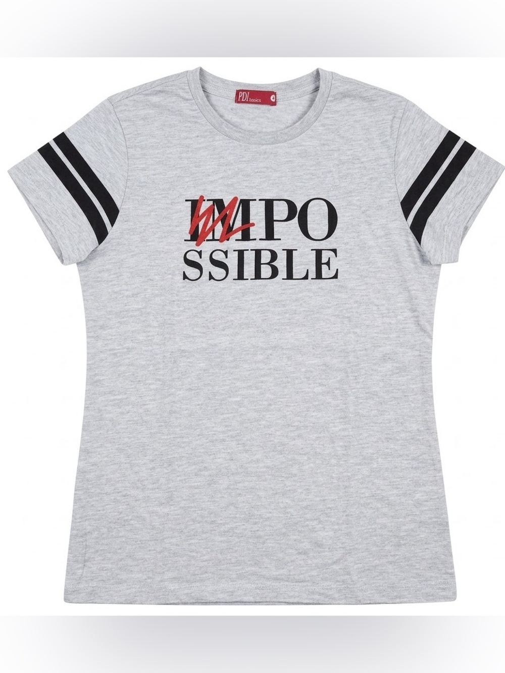 PDI Basics Heather Grey "Impossible" Graphic Tee with Sleeve Stripes size S